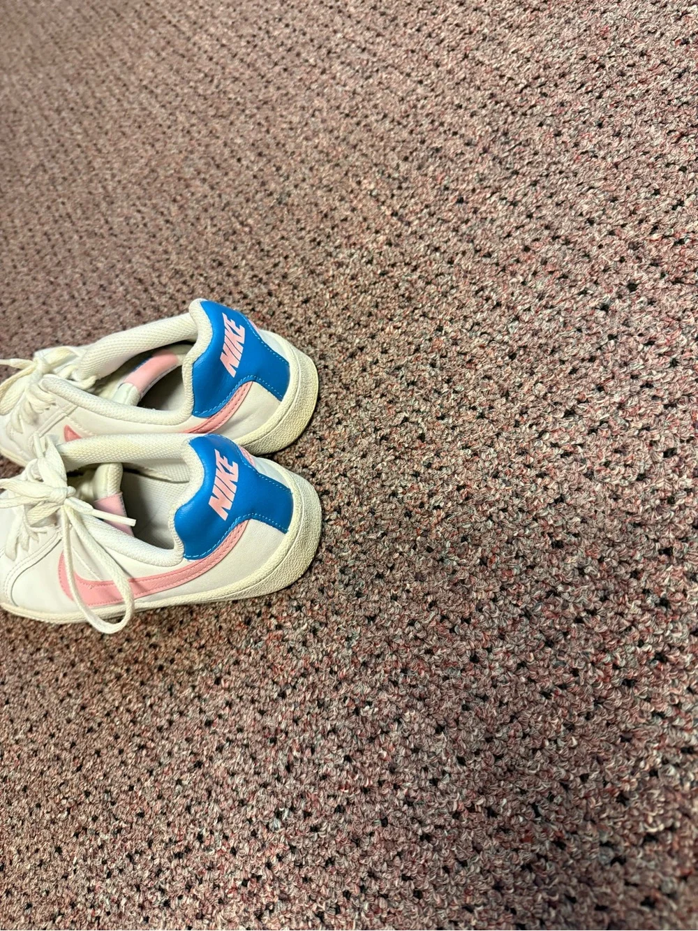 Nike Women's Cream Sneakers with Pink Swoosh and Blue Heel